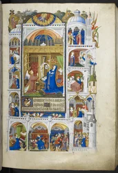 Ms 18850 f.32r、The Annunciation、Book of Hours (The Bedford Hours) c.1410-30 から追加 (ベラムにインク、カラー、ゴールド)