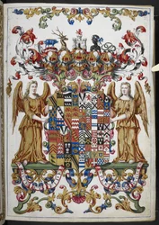Ms 18850 f.s008r の紋章を Book of Hours (The Bedford Hours) から追加 c.1410-30 (ベラム紙にインク、色、金)