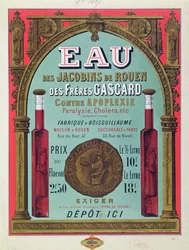 Eau des Jacobins de Rouen」の広告 19世紀半ば（カラーリトグラフ）