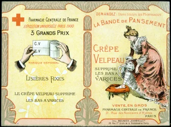 Velpeau Crepe Dressing Band provides varicose stockings "の広告カード。Sd.19世紀