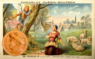 チョコレートの広告クロモリトグラフィー1422年から1461年までシャルル7世の王、ゲリン・ブトロン。ジャンヌ・ダルクが声を聞く（クロモリトグラフィー）