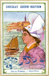 チョコレートの広告クロモリトグラフィーGuerinBoutron、フランスの地域の頭飾り、Ille et Vilaine、Saint Briac、イラストEmile Jammes（クロモリトグラフ）