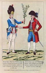 擲弾兵ハーン氏と時計職人ウンベルト氏の自然肖像画。1789年7月14日のバスティーユ攻略の際、最初に襲撃された人物。1790年のエングレーヴィング。