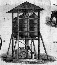 農業機械：1860年にパリで開催された農業博覧会で発表された小麦用の保守的な屋根裏部屋。6月30日付「Le Monde Illustré」168号に掲載された図版