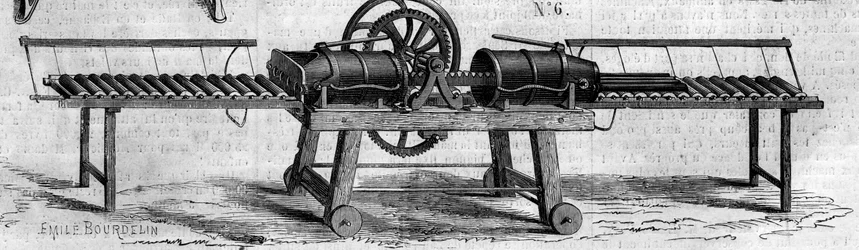 農業機械：1860年にパリで開催された農業博覧会で発表された排水管製造用の機械。6月30日付「Le Monde Illustré」168号に掲載された図版