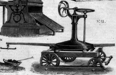 農業機械：1860年のパリ農業競技会で発表された携帯型マネッジ。1860年7月7日付の "Le Monde Illustré "169号に掲載された図版。