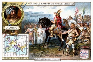 西ゴート族の王アラリック1世は410年に3度目の出頭をし、ローマの降伏を要求する - リエビッヒの広告ヴィネット