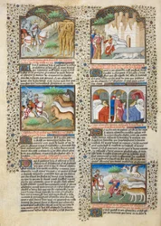 「ブレミエに遭遇するアレクサンダー...」、「シュルーズベリー・タルボット・ブック・オブ・ロマンス」のイラスト、1445年頃（ベラムにインクとカラー）