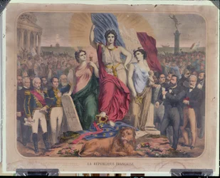 アドルフティエール（1797-1877）、レオンガンベッタ（1838-1882）、ヴィクトルユーゴー（1802-1885）を描いたフランス共和国の寓話