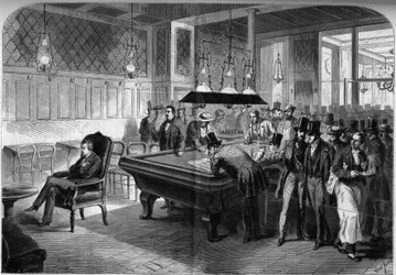 アメリカのチェスプレイヤー、ポール・モーフィー（1837-1884）がパリのカフェ・ド・ラ・レジャンスでブラインド・エイト・チェスをしている様子