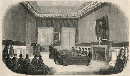 パリの法律学校の役員室での試験 - Edmond Texier 1852年の「Tableau-de-Paris」に掲載されたエングレービング