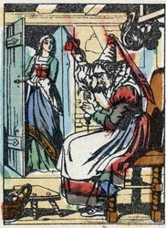 フランスの作家、シャルル・ペロー（1628-1703）の物語「休眠中の森の美女」の匿名イラスト。イメージング・ペラン（エピナル）の木版画。19世紀後半の作品。