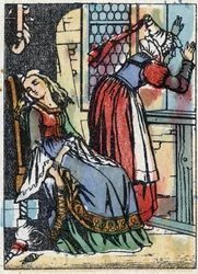フランスの作家、シャルル・ペロー（1628-1703）の物語「休眠中の森の美女」の匿名イラスト。イメージング・ペラン（エピナル）の木版画。19世紀後半の作品。