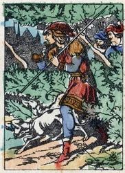 フランスの作家、シャルル・ペロー（1628-1703）の物語「休眠中の森の美女」の匿名イラスト。イメージング・ペラン（エピナル）の木版画。19世紀後半の作品。