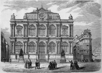 建築：ル・アーブル市の文献博物館（1847年落成）のファサードの様子（セーヌ河畔、76年）。1857年10月17日付「Le Monde Illustré」27号に掲載された版画。
