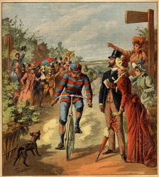 フランスの田園風景の中で行われるサイクリングレースの到着。1892年5月19日付の "La Terre Illustree "81号に掲載された図版。