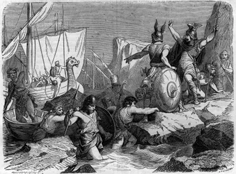 中世のフランス海岸へのノルマン人の到来。モーリス・ラシャトレ著「Histoire des papes-king-queens-et-empereurs a travers les centuries」に掲載されている図版