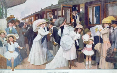 夫が電車で到着、1908年