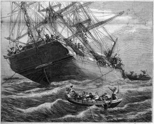 1859年、オセアニアのデトロイト・オブ・トレスでマレーシアの海賊に襲われ、略奪された3隻のフランス船「ポーリン・エ・ヴィクトワール号」。図面はデュラント・ブレイガー氏によるもの。1859年1月29日付「The Illustrous World」94号に掲載されたLintonによる版画。
