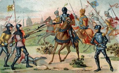 1382年11月27日のBATTLE OF ROSEBECQUE（ベルギー、ロゼベーク）。19世紀末のクロモリトグラフ。