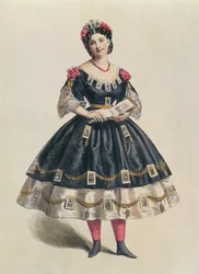訪問者の写真で飾られた夜会服、1860年頃