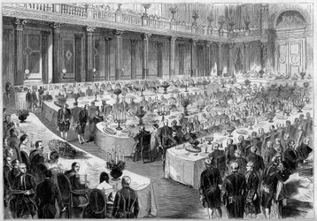 1859年8月14日、ナポレオン3世がルーヴル（パリ）のドゥノン館のステート・ホールで、1859年のリソルジメントで勝利を収めたイタリア軍の兵士たちを讃えるために開催した宴席。Le Monde Illustré」124号（27号）に掲載された図版