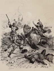 902年、デーン人とエドワード長老率いるウェセックス・ケント軍との間で行われたホルムの戦いで、デーン人と同盟を結んでいたエーテルウォルド・アエテリングが殺された（リトグラフ）。
