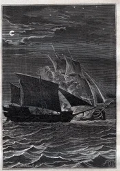 スワロー号とマレーシアの海賊船の戦い：フィリップ・カータレット（Philippe de Carteret）（1733-1796）のスワロー号は、1767年にインドネシア海域でマレーシアの海賊船と戦った-イラストは "The Great Mariners of the 18th century "より
