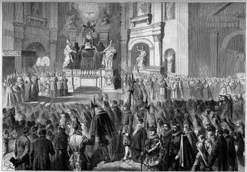 ローマのサン・ピエトロ教会の説教壇の祭壇を修復した後の、教皇ピウス9世（1792-1878）によるベネディクト。ベルニーニ（Gianlorenzo Bernini）が1656年から1658年にかけて建設した祭壇