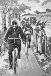 要因となる自転車道。M.ベリュイエによるスイフト・プロジェクト・トラック......l.ボードリ・ド・ソーニエの「理論と実践のサイクリング」に掲載されている、エングレーヴィング、Bibl.de la ville de Paris。