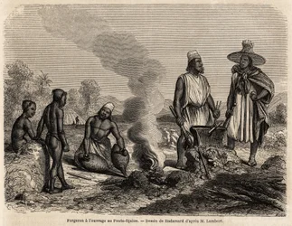 Fouta Djalon（セネガル）で鍛冶屋が仕事をしている様子。1860年にランバート中尉がFouta Djalonへの旅を説明するためにHadamardが描いたもの。1861年の "Le tour du monde "に掲載されたエングレーヴィング。セルバのコレクション。