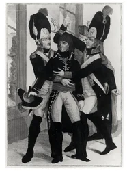 ボナパルト（1769-1821）St.Cloudでの会期中に2人の手榴弾兵によって保護されました。19brumaire a 8（1799年11月10日）、c.1800