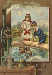 男の子が女の子におもちゃの蒸気船を示す