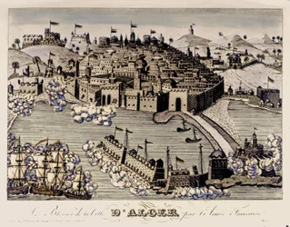 植民地主義：フランス軍によるアルジェ市の封鎖。1830年（カラー版画）