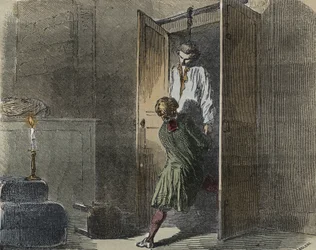 Calas事件：1761年10月13日、Marc Antoine CalasがToulouseのファミリーブティックで絞首刑にされているのが発見される-Armand Fouquier (1817-18) 1858-1867の「Causes celebres de tous les peuples」に掲載されたエングレーヴィング-個人蔵