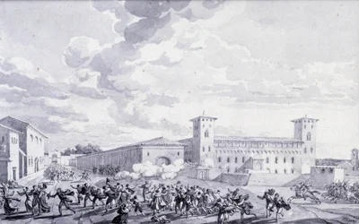 イタリアのキャンペーン：1796年5月、フランスの占領に対するパリ市の反乱の眺め。匿名のデッサン。パリ、ルーヴル美術館