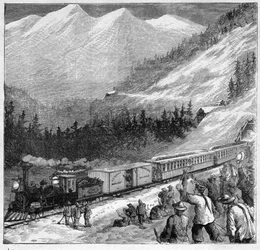 1888年のカナダ太平洋鉄道 - カナダ太平洋鉄道 - シエラネバダでの列車の通過 - 1888年の "Journal des Voyages "のエングレービング