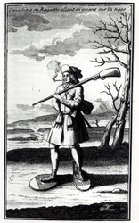 1753年に出版されたバックヴィルドゥラポテリー（1663-1736）による歴史的歴史の中のスノーシューで雪と戦うカナダ人