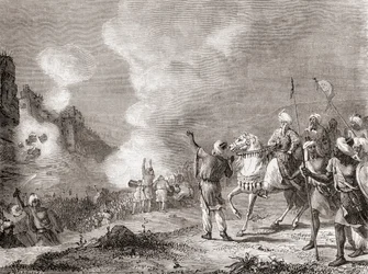 1274年、モロッコのシジルマサ攻防戦で、スルタンのアブ・ヤクブ・ユスフが攻城機として使用した大砲（1870年頃に出版された「科学のメルヴェイユ」（Les Merveilles de la Science）より）。