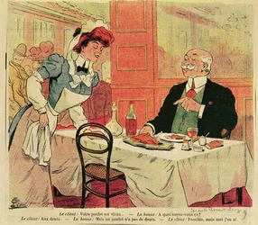 レストランでの顧客とウェイトレスの似顔絵、1905年頃
