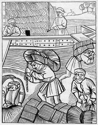 中世における干し草の運搬人。Engraving In "La Marine et les colonies: commerce"