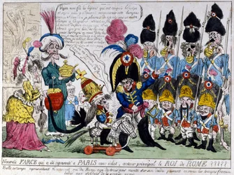 ナポレオン1世（1769年～1821年）とその息子であるローマ王（1811年～1832年）を描いた漫画。後者はロッキングホースに乗って父と共にフランス軍の部隊を視察している。19世紀のフランスの版画。