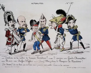 コミューンを題材にした漫画「ニュース-パラディン、何人の兵隊を集めた？- 私はカントリーガードを連れてきた。そして私はスイスの教会。- ヴィノワ）私はナンテールの火消しを抱いている-（心の中で）いいよいいよ、ついにパリを道理にかなったものにするんだから。