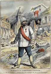 アフリカでの探検任務（1896年～1899年）から帰国した司令官Jean-Baptiste (Jean Baptiste) Marchand (1863年～1934年)のToulonでの漫画。Le Pelerin」1899年4月6日号に掲載された版画。