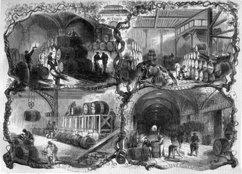 1858年、パリの倉庫（Eaux-de-vie）の地下室。1858年2月27日付「Le Monde Illustré」46号に掲載された図版。