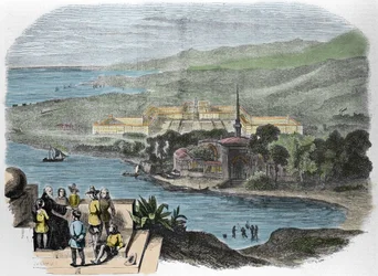 シャルル・フーリエ（1772-1837）、フランスの社会主義者：ファランステールの理想像を示す1848年のエングレーヴィング。