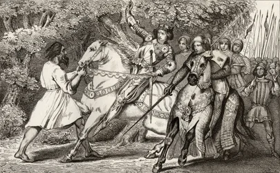 チャールズ6世（1368-1412）狂人は、1840年頃に出版されたコラートによる「フランスの歴史」から、アンジェ近くの森での待ち伏せについてアドバイスを受けています