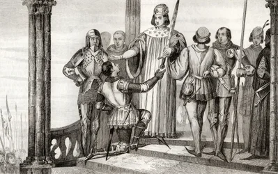 チャールズ5世（1358-80）ワイズは、1840年頃に出版されたコラートの「フランスの歴史」からデュゲサンに刀を差し出します