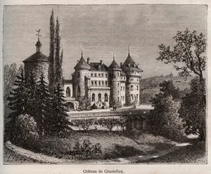 Chateau de Chastellux - Chastellux sur cure, Burgundy - V.-A. Malt-Brown著「La France illustree: Geography, History, statistical administration」に掲載されている彫刻。Malt-Brown著「La France illustree: geography, history, statistical administration」の版画。1884