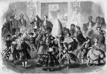 ナポレオン3世の息子、ユージン・ルイ・ナポレオン（1856 - 1879）を讃える子供の舞踏会。1861年4月3日、パリ。中央の皇太子はピエロに扮してがっかりしている。1861年4月20日付「Le Monde Illustré」210号に掲載されたエングレーヴィング。